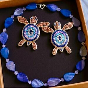 Sparkling Crystal Sea Turtle Stud Earrings + Purple Necklace Ocean Boho Jewelry